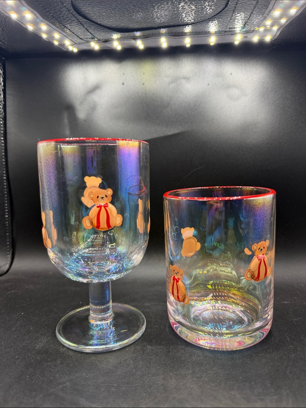 Iridescent Teddy Bear Glassware Set - Clear with Red Trim